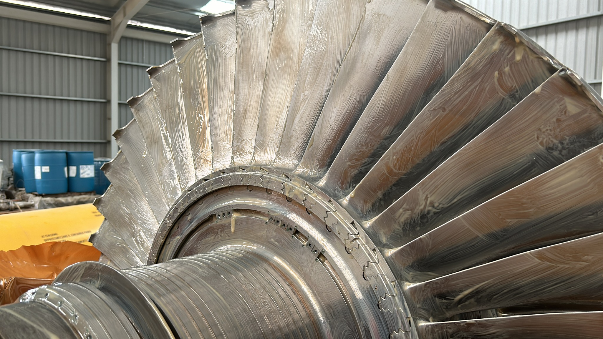 Close-up of a centrifugal compressor impeller during inspection